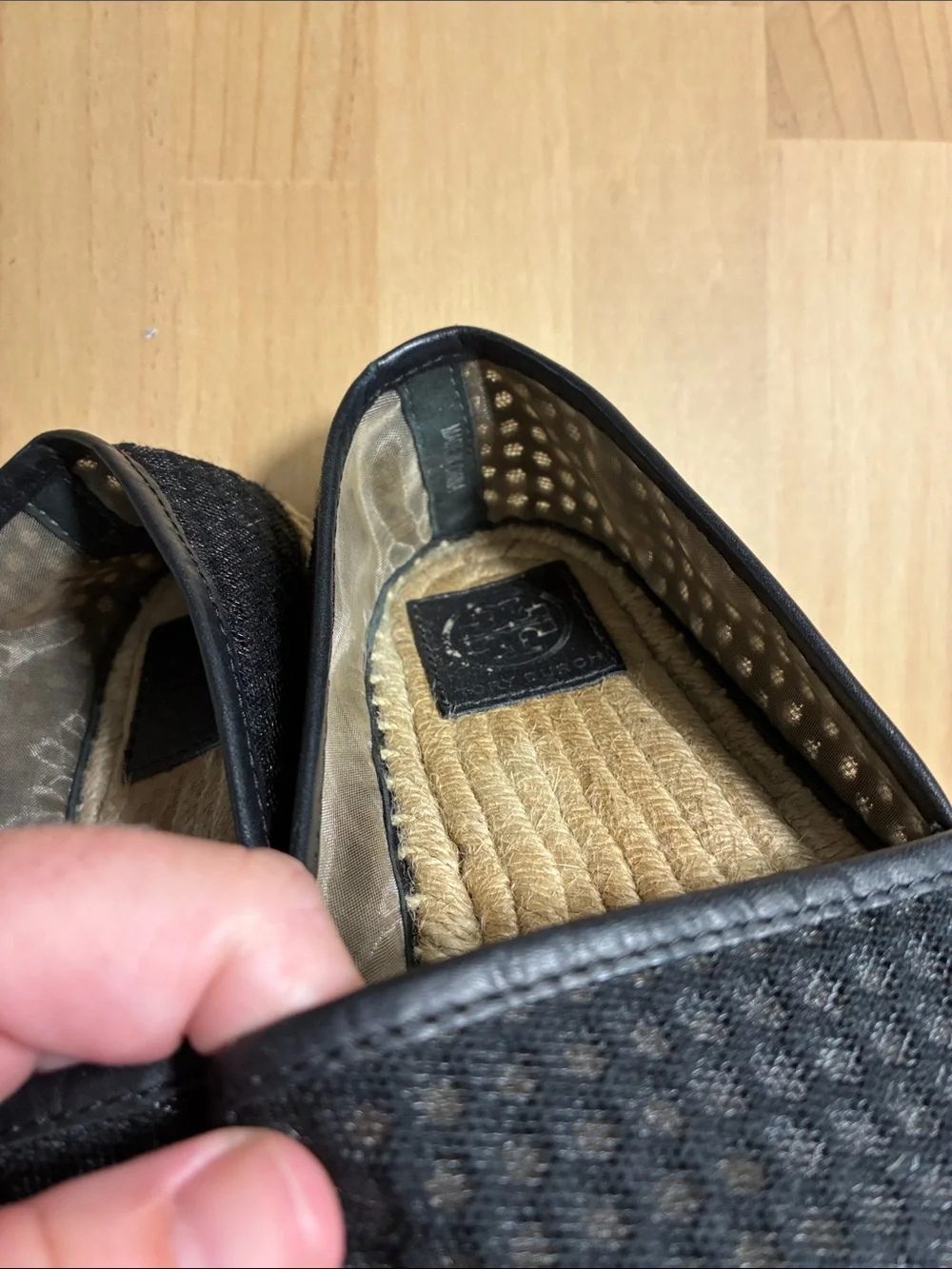 Tory Burch Grenada A-Line Espadrille Flat Loafers Mesh & Leather Cap Toe T Logo